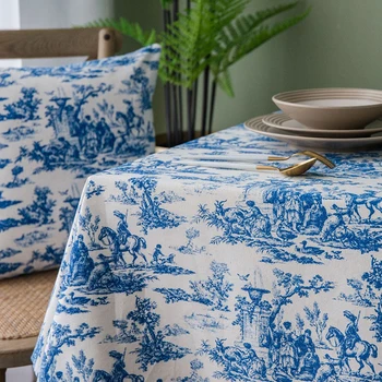 

Popular American Pastoral Retro Tablecloth Blue Printing Ink Rectangle Tablecloth Cotton Linen Table Cloth For Home Coffee Decor