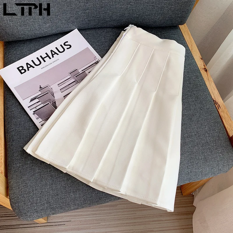 

LTPH 2020 Autumn new arrival Japanese style Fashion white pleated skirt anti-glare High waist Solid All-match mini woman skirts