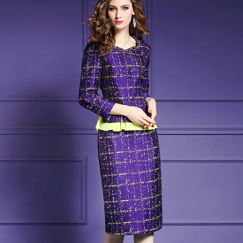 

Designer Purple Ruffles Women Autumn Business Party Office Bodycon Dress Elegant Fake Two Pieces Slim Ladies Dresses S-XXL