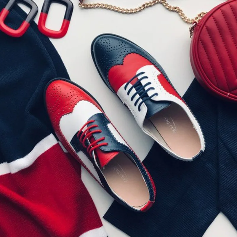 red white navy Женские туфли-оксфорды на плоской подошве; сезон весна; женская обувь из натуральной кожи на плоской подошве; Летние Туфли-броги в винтажном стиле; лоферы на шнурках; повседневные кроссовки - Цвет: red white navy