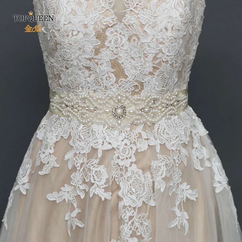 

TOPQUEEN S26A Hand Made Pearls Satin Wedding Dress Belt Luxury Sash Ribbon White Beige Bridal Belt Cinturon Novia Pearl belt