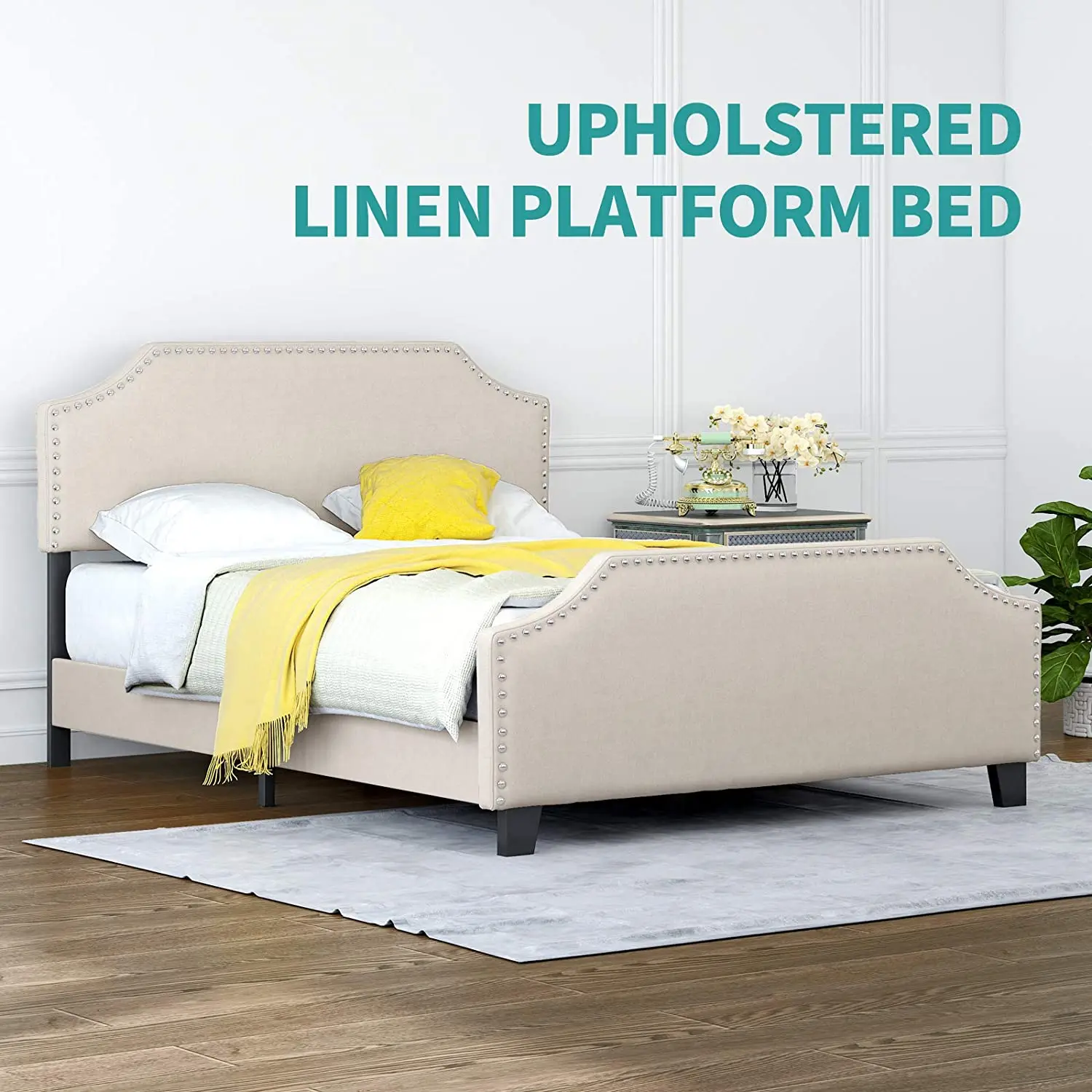 Full Upholstered Linen Platform Bed W/Curved Shape Headboard&Footboard Metal Frame Strong Wood Slat Support Height Adjustable