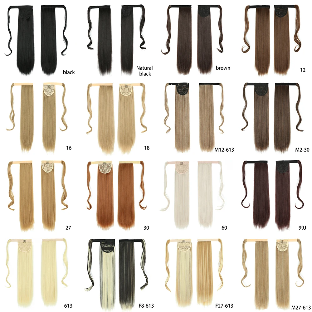 AZIR Synthetic Long Straight Wrap Around Clip on Ponytail Hair Extension fake hair extensions Heat Resistant Pony Tail Fake Hair Brown Gray
