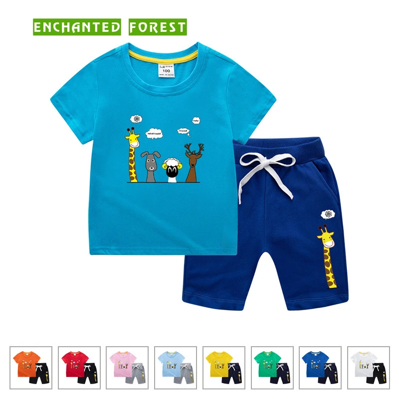 

Children's suit boy short-sleeved T-shirt + elastic shorts summer 100% cotton cartoon girl suit children clothes kids suit