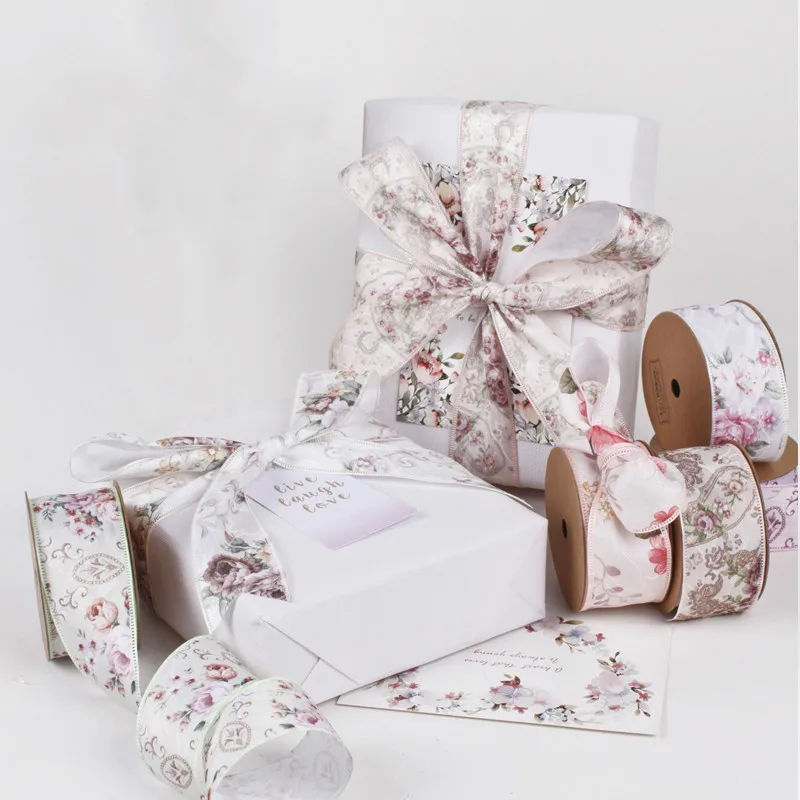 Floral Print Ribbon For Gift Cake Flower Packing Wedding Christmas Party Decoration Ribbon DIY Accessories 10 Yrds/roll