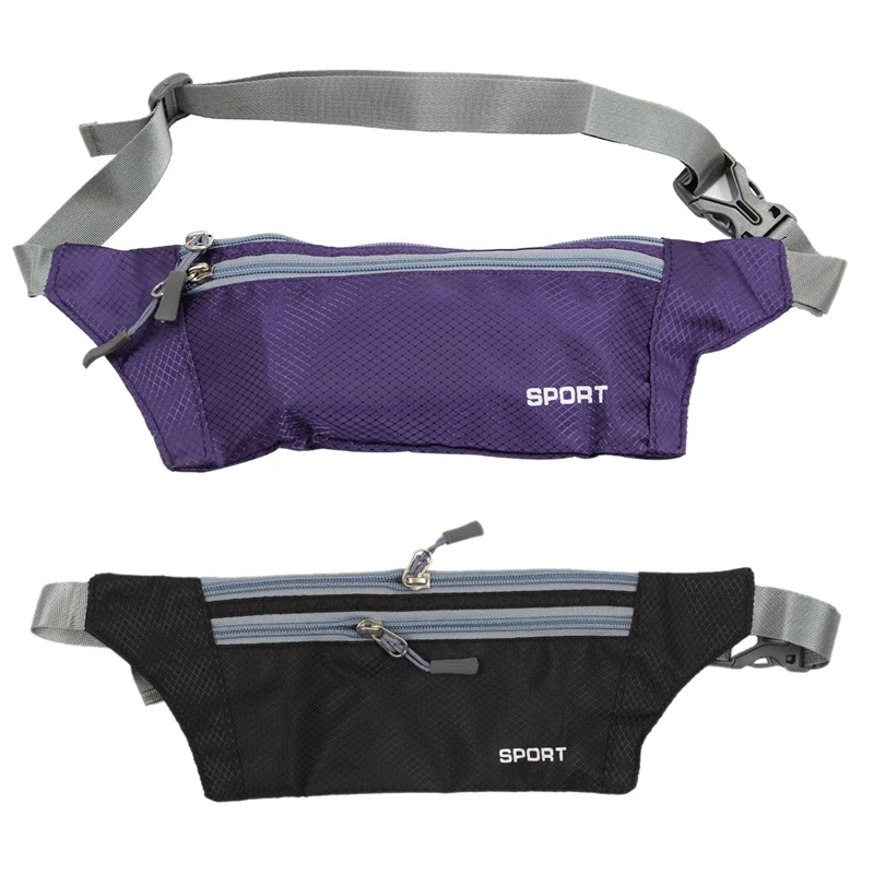 

2Pc Unisex Running Bum Bag Travel Handy Hiking Sport Fanny Pack Waist Belt Zip Pouch Black & Purple