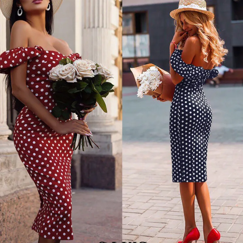 2020 Women Polka Dot Dress Off Shoulder 