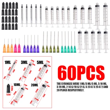 

60pcs/set Measuring Syringe 1/3/5/10/20ml Syringes With Blunt Tip Needles & Caps Industrial Use for Mixing Many Liquid Gels