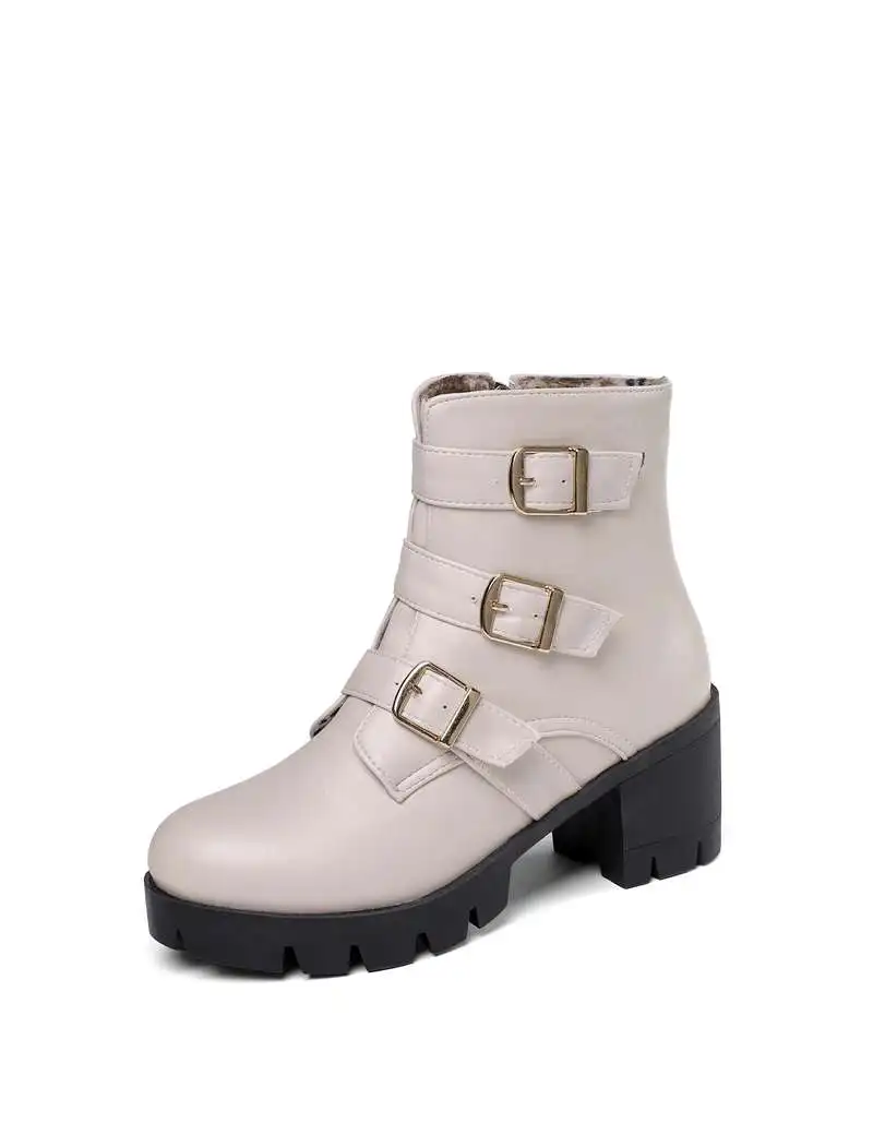 ASILETO large size 34-46 ankle boots women round toe platform buckle zipper booties in Autumn Winter botas bottines botas mujer - Цвет: Beige  velvet inside