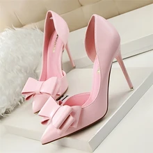 Women s Pink Heel Shoes Bow High Heels Sweet Thin Summer Hollow Elegant Pumps High heeled