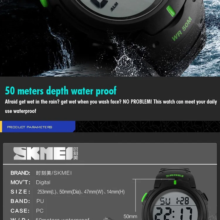 SKMEI 1068 Man Watch Fashion Big Numbers Show Sport Style 50M Waterproof Alarm Clock Digital Men Wrist Watch Relogio Masculino