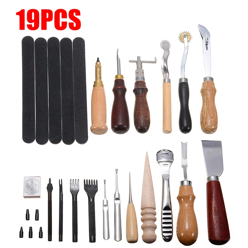 

19Pc/set Durable Leather Craft Tools Kit Hand Sewing Stitching Punch Carving Work Saddle DIY Leathercraft Tool Set Accessories