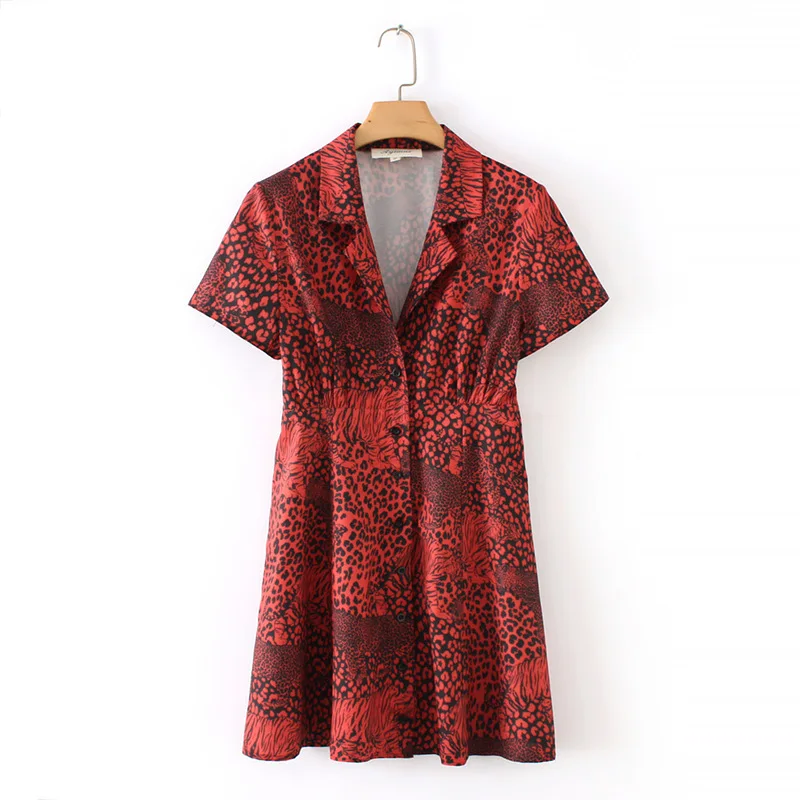 

2018 Europe And America Autumn WOMEN'S Dress Red Leopord Pattern Fold-down Collar Printed Short-sleeve Dress 500