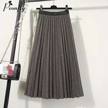 PEONFLY блестящие длинные плиссированные юбки Женская мода осень зима Корейская миди-юбка с высокой талией женская черная темно-зеленая серая