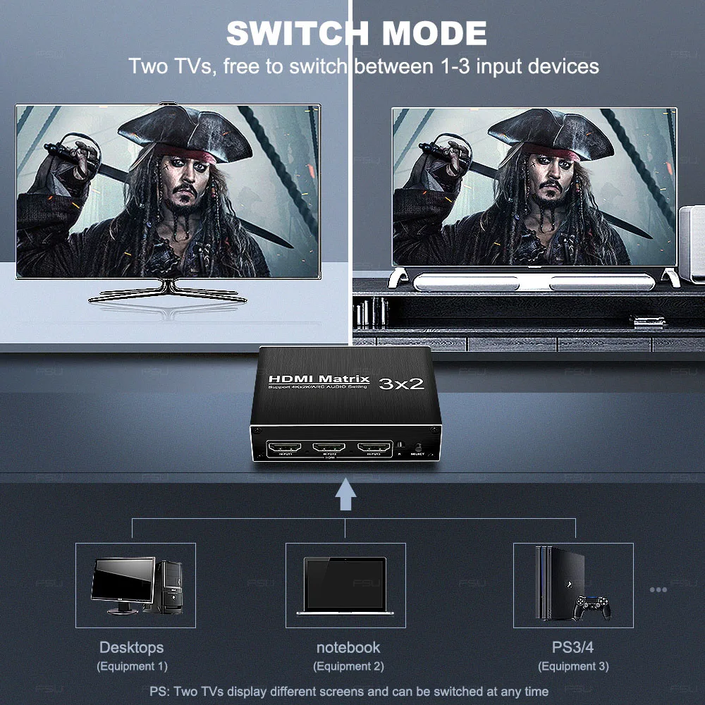  HDMI Matrix 3 In 2 out HDMI Switch 2.0 4k 60Hz HDR 3x2 Audio Extractor ARC Dolby sound for XBOX HDT