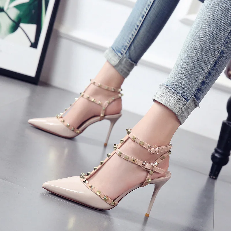 

European and American summer new color matching rivet sandals high heel hollow patent leather candy women's shoes