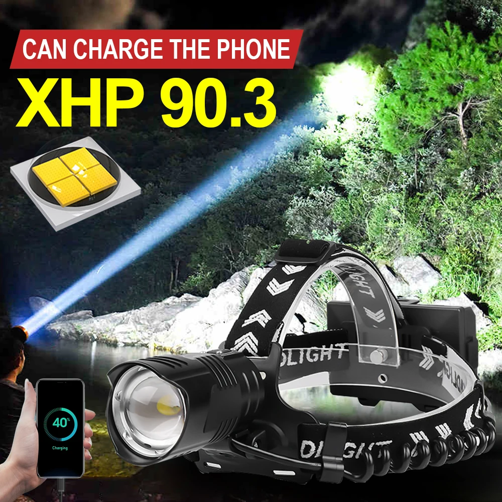 500000LM XHP90.3 мощный налобный фонарь светодиодный светильник с переменным фокусным