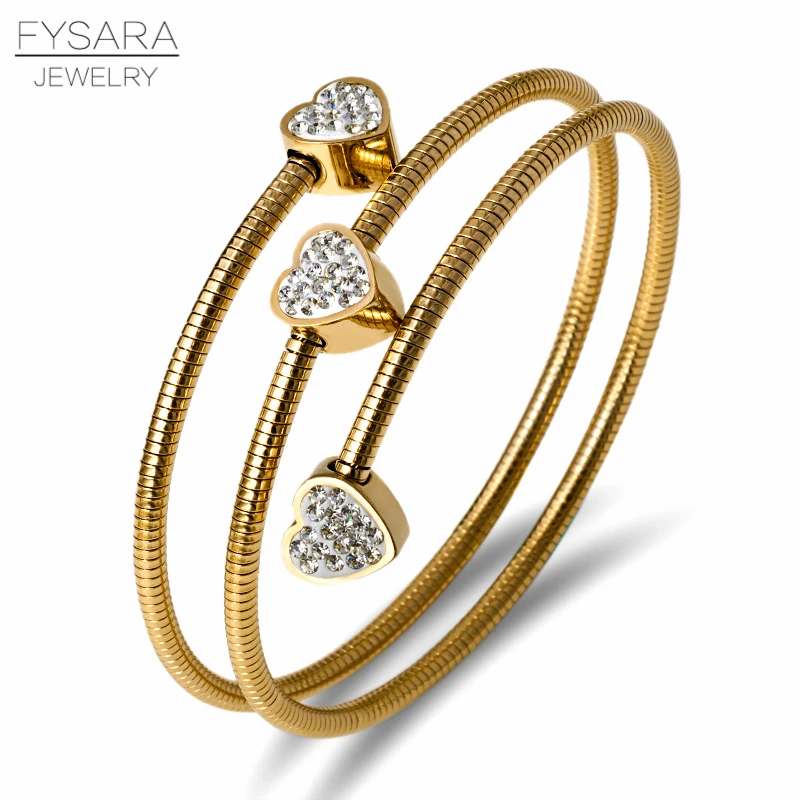 FYSARA, тройной провод, браслеты и браслеты для женщин, нержавеющая сталь, золото, черное сердце, круглый кристалл, амулет, ручной браслет - Окраска металла: Gold color heart