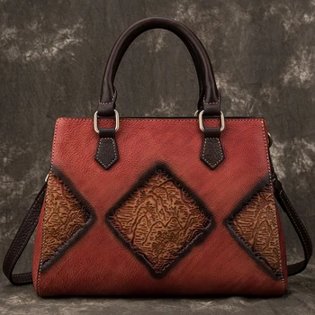 

Genuine Leather Women Messenger Shoulder Bag Tote Embossed Vintage Design Cross Body Handbag Brush Color Female Top Handle Bags