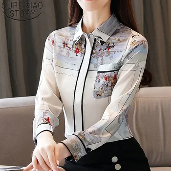 

Korearn Fashion Clothing 2020 Spring Elegant Print Shirt Slim Long Sleeve Top WomenTops Blusas Mujer Chiffon Ladies Tops 8526 50
