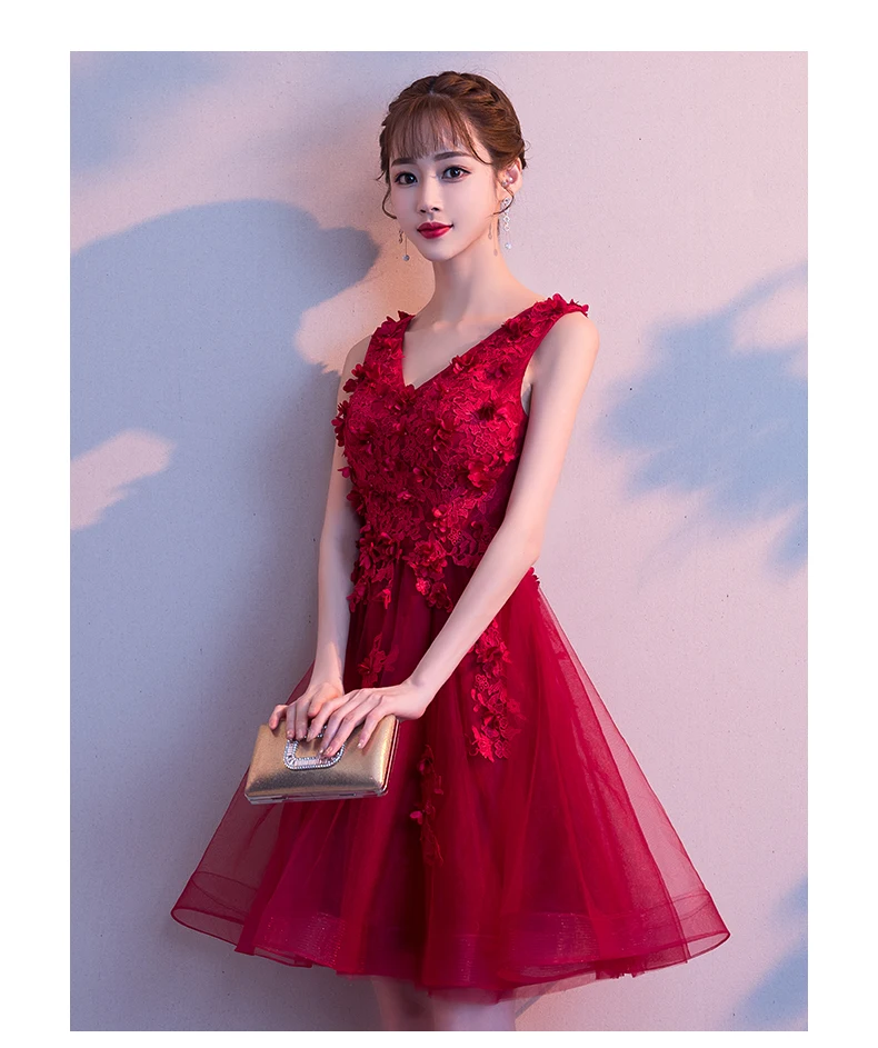 Robe de soriee короткие темно-красные коктейльные платья Дешевое кружевное с принтом А-силуэт тюль без рукавов Коктейльные Вечерние платья для выпускного вечера