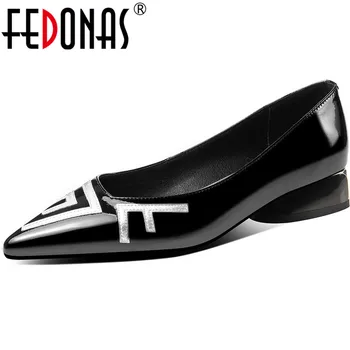 

FEDONAS Shallow Genuine Leather Women Shoes 2020 New Arrival Summer Thick Heels Pumps Concise Basic Vintage Working Shoes Woman