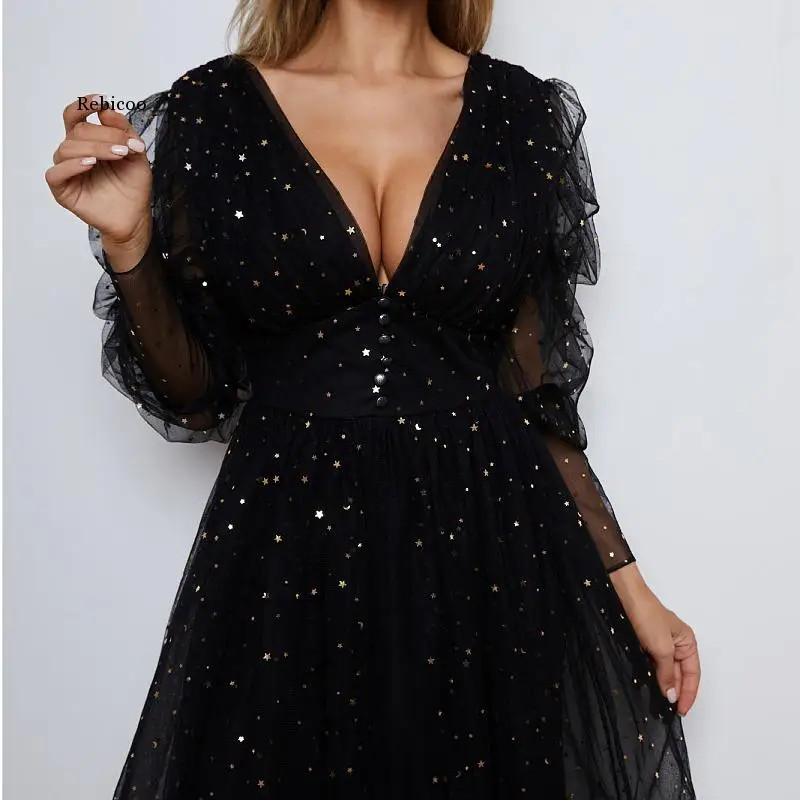 Black Starry Tulle Prom Dresses Sparkly 