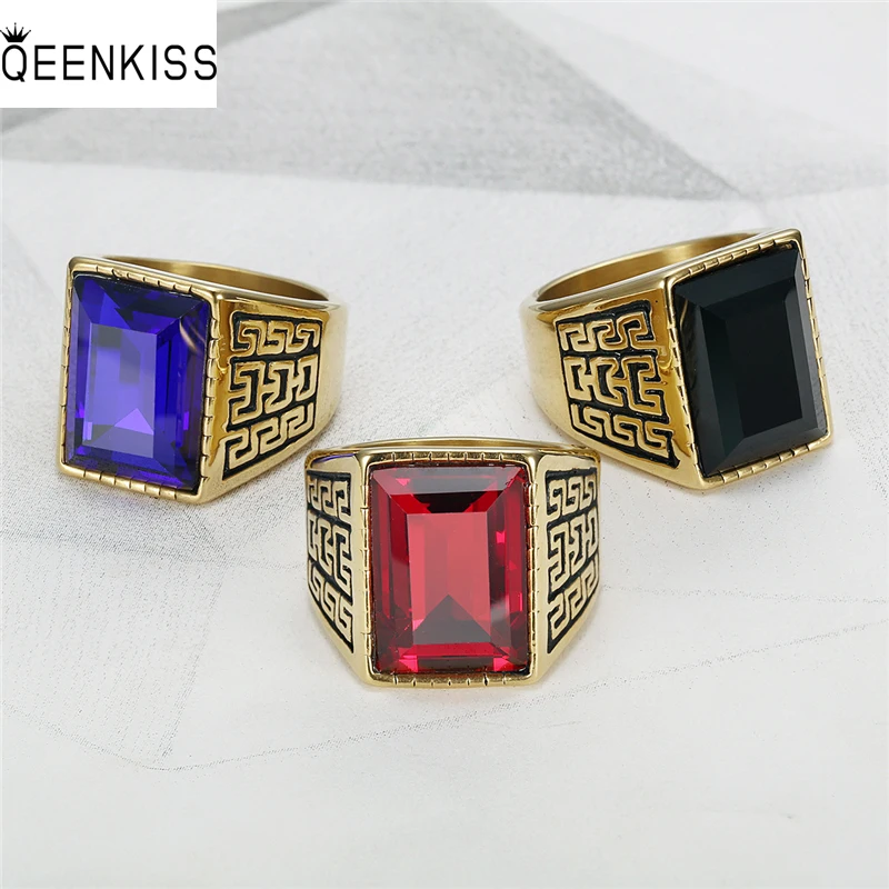 

QEENKISS RG879 Fine Jewelry Wholesale Fashion Trendy Man Birthday Wedding Gift Square Pattern Retro Hip-hop Titanium Steel Ring