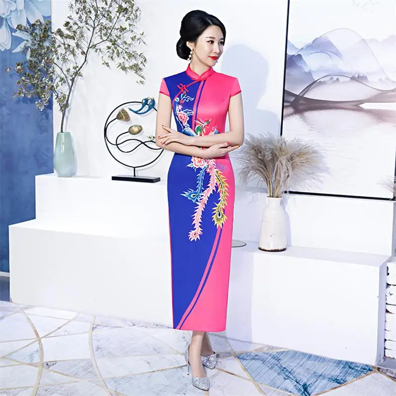 Vantage печати Чонсам с цветами пятнистый длинный тонкий Qipao элегантное женское китайское платье китайское женское Qipao Плюс Размер 3XL
