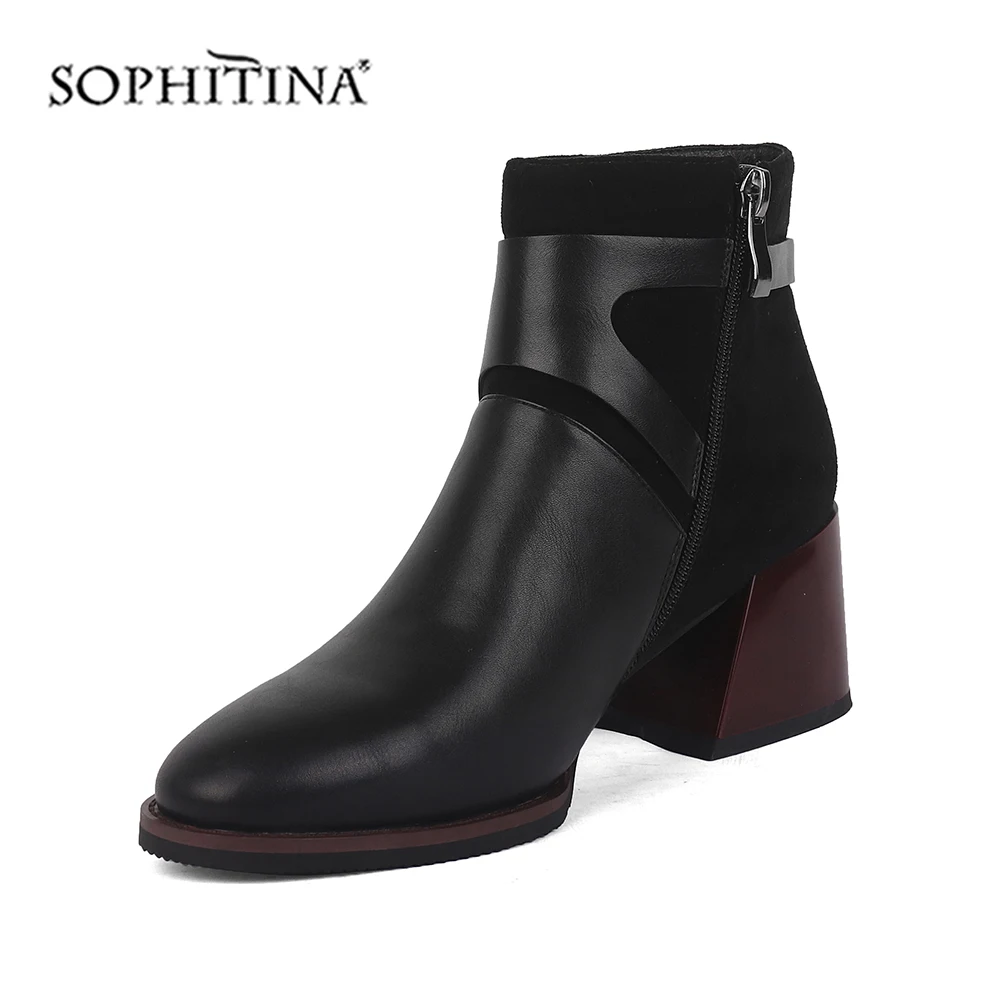 SOPHITINA Comfortable Buckle Boots Square Heel Round Toe Zipper Handmade Round Toe Fashion Shoes New Ankle Women's Boots BY141