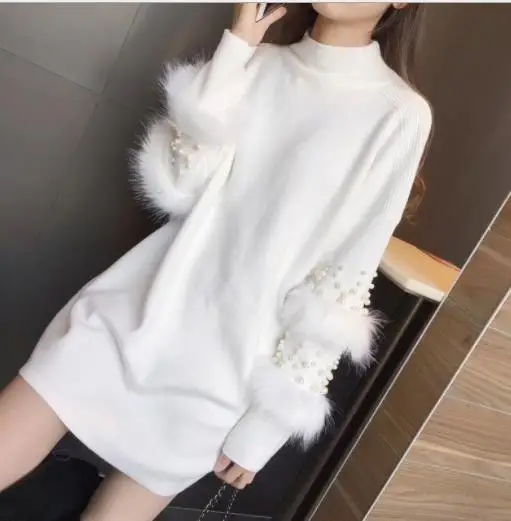 Beige White Свитер-платье с высоким воротником и длинным рукавом, пуловеры для женщин, осенне-зимняя свободная туника, вязаная Повседневная Лоскутная одежда с жемчугом, новинка, H092 - Цвет: Beige White