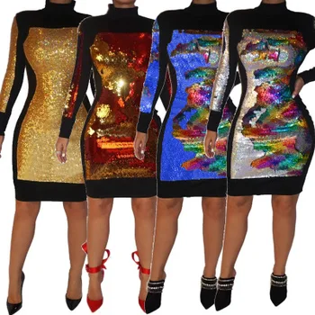 

2019 Europe and the United States autumn and winter new women's fashion sexy color-changing sequins nightclub dress