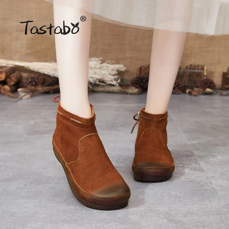 Tastabo 2019 autumn and winter ladies ankle boots Handmade vintage leather everyday shoes S8935-1 Brown caramel women's boots