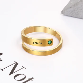 

Personalized Adjustable Promise Ring With Birthstone Women Fashion Gold Plated Custom Engraved Name Ring Anniversary Gift
