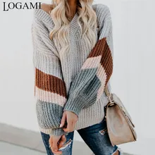 LOGAMI V шеи полосатый рукав вязаный свитер женский свободный пуловер осенние свитера и пуловеры женские модные новые