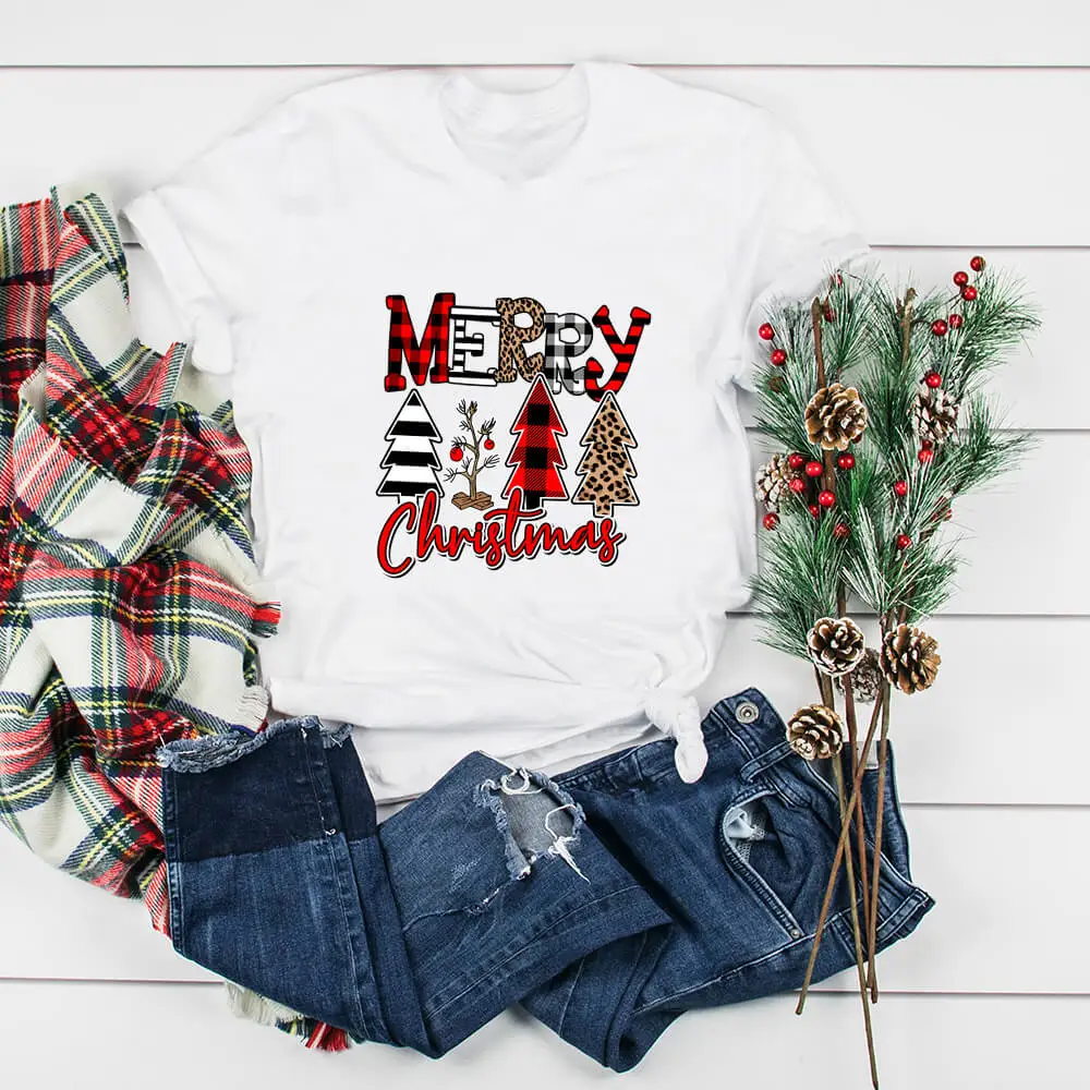 

100%Cotton Christmas Tree Colored Print Christmas T Shirt Funny Casual Short Sleeve Top New Arrival Christmas Holiday Shirts