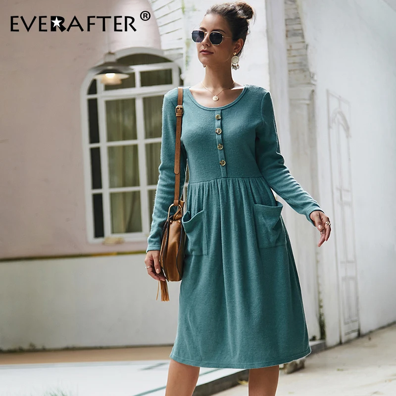 

EVERAFTER Elegant O-neck villus women dress soft solid button patchwork pocket draped bodycon ladies dresses 2019 autumn vestido