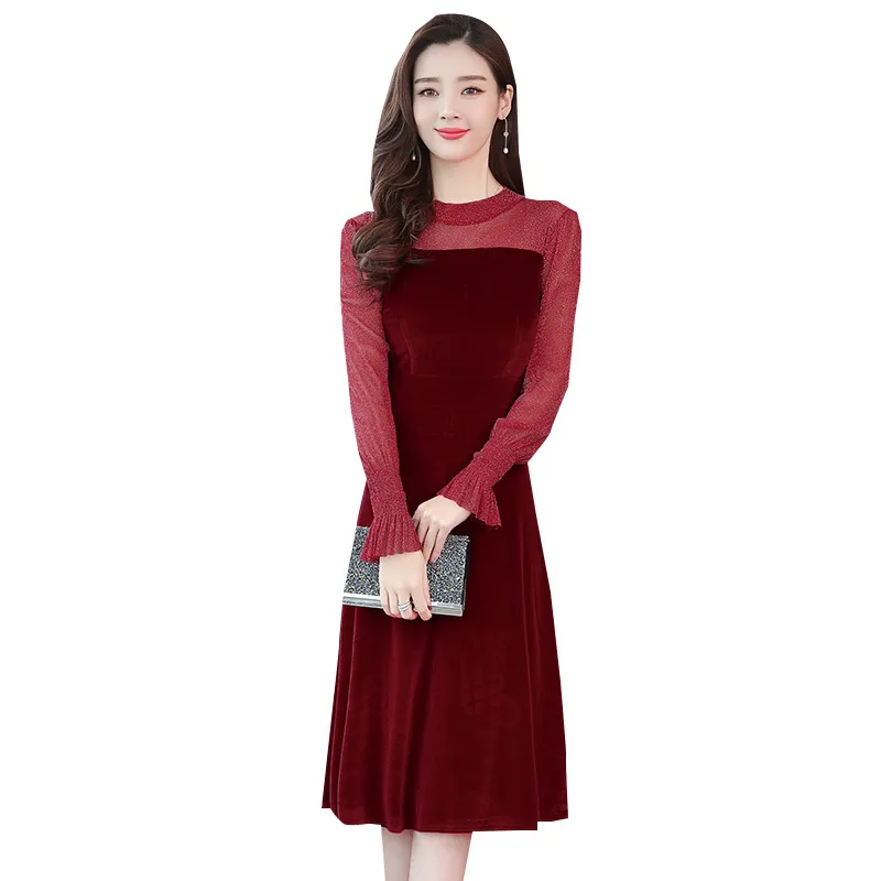 

Women Long Dresses 2019 Autumn Long Sleeve Gold Velvet Lady Dress A-Line Vestido Women Clothing C395