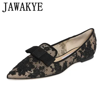 

Sexy black lace flat Heels slippers Pointed Toe spring summer Shoes Women embroidery flowers bowties butterfly knot decor mules