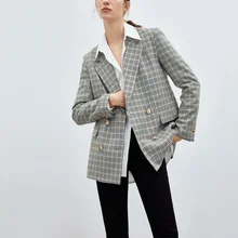 Chaqueta decorativa informal a cuadros para mujer, Chaqueta con bolsillo de doble botonadura para primavera y otoño