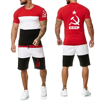 

Popular Man T Shirts Wild CCCP Russian Printing Soviet Union Male Short Sleeve Splice Leisure Men T Shirts + Shorts 2 Piece Suit