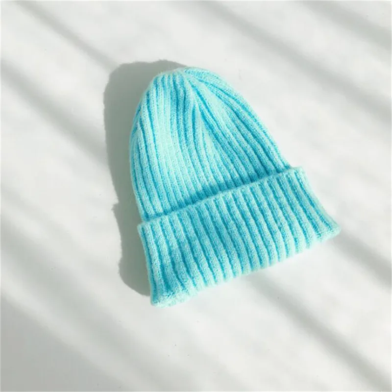 Женская однотонная Шапка-бини для девочек, женская вязаная мягкая теплая зимняя шапка в рубчик, Женская неоновая желтая зеленая фуксия оранжевая шапка - Color: Bright blue