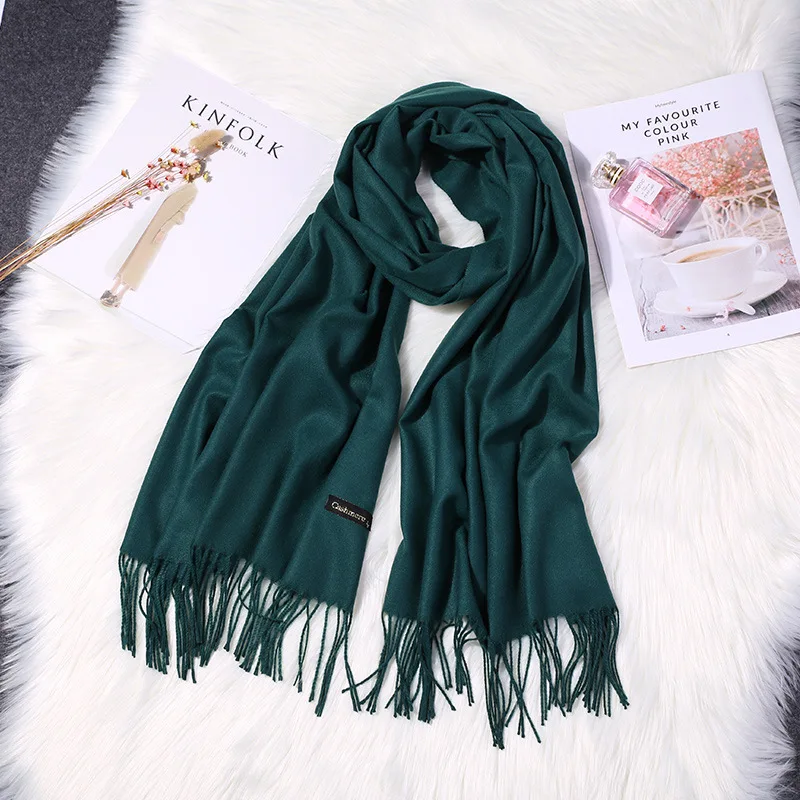 Girita Women's Scarves Autumn Winter Soft Cashmere New Solid Color Wraps Thin Long Scarf with Tassel Casual Lady Female Shawl - Цвет: Dark green