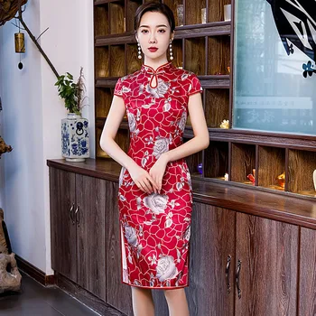 

Chinese Style Women Cheongsam Summer Knee Length Dress Vintage Stage Show Party Qipao High Split Gown Vestido Big Size M-4XL