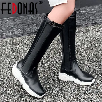 

FEDONAS Female Winter Flats Platfrom Boots Leather Women Knee High Boots Night Club Sports Shoes Woman Plus Size Riding Boots