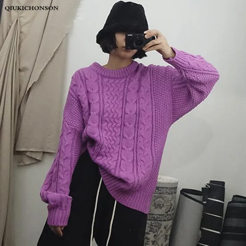 Lazy oaf Круглый вырез свободные фиолетовые витые вязаные свитера для женщин осень зима пуловер Трикотаж Джемперы Джерси mujer Повседневная