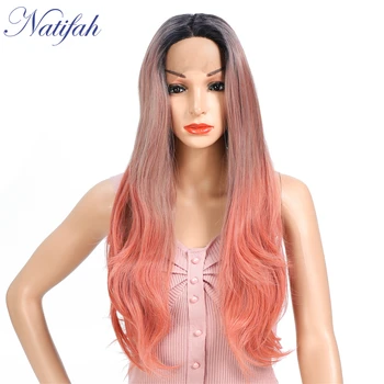 

Natifah Ombre Pink Wig Body Wave Wigs Synthetic Lace Front Hair Extension 150% Density Long Curly Wig For Woman Cosplay