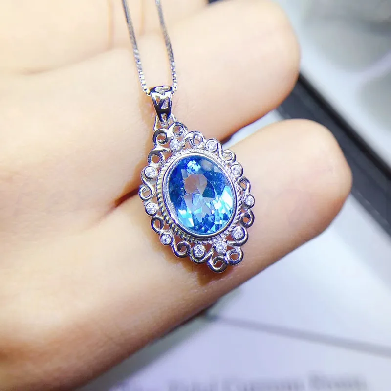 Натуральный голубой топаз Классический Стиль Ожерелье Подвеска 3.5CT драгоценный камень серебро 925 пробы хорошее ювелирное изделие Q9102410