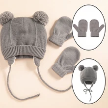 Winter Children Hat With Glove Set Multicolor Cute Braids Beanie Bonnet Warm Windproof Ear Protection Cap Infant Kid Accessories
