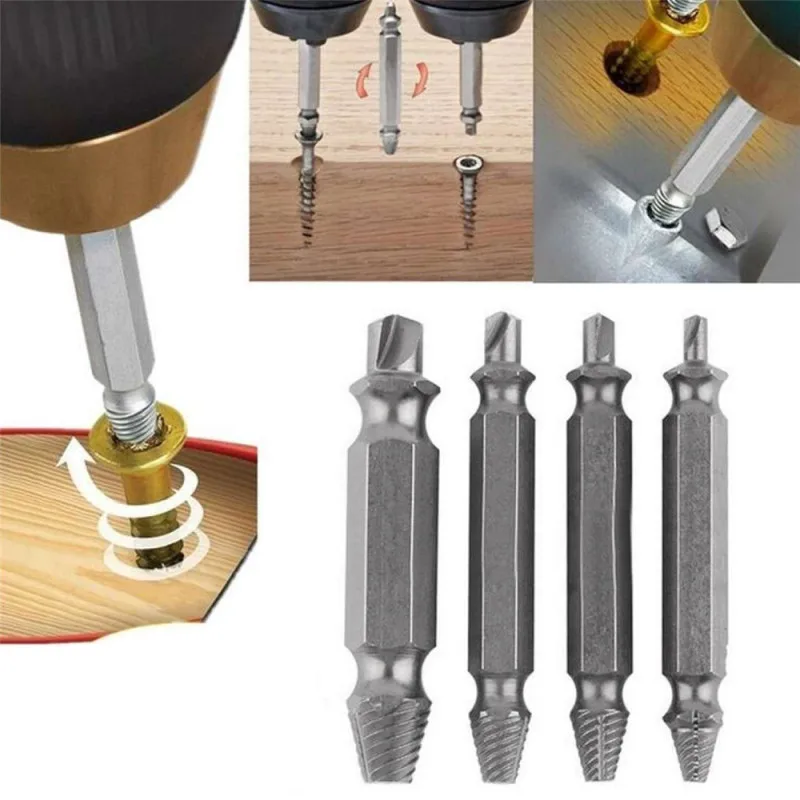 

New 4 Pcs/set Steel Screw Extractor Drill Bits Out Double Side Damaged Crimping Bolt Remover Tool Fast Disassemble Screws Tack